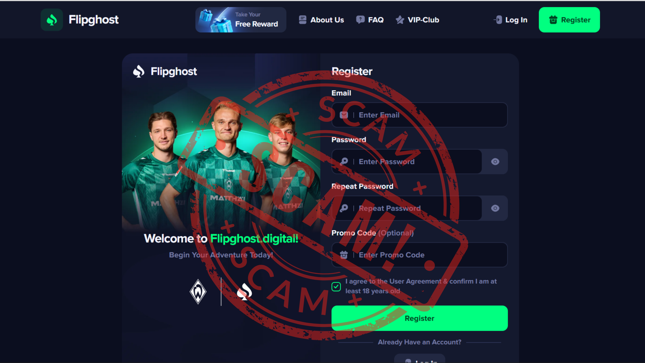 Flipghost casino fake $1,000 no‑deposit bonus trap screenshot